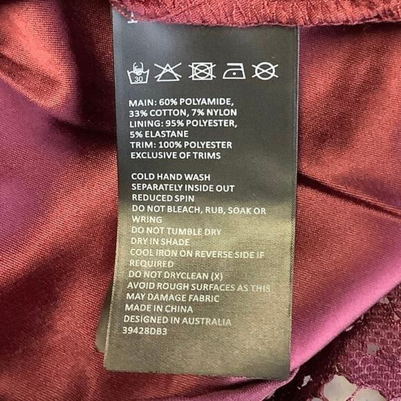 Bardot Size S Burgundy Wine Lace Panel Sheath Dress High Neck Sleeveless I14-11 - Picture 10 of 10